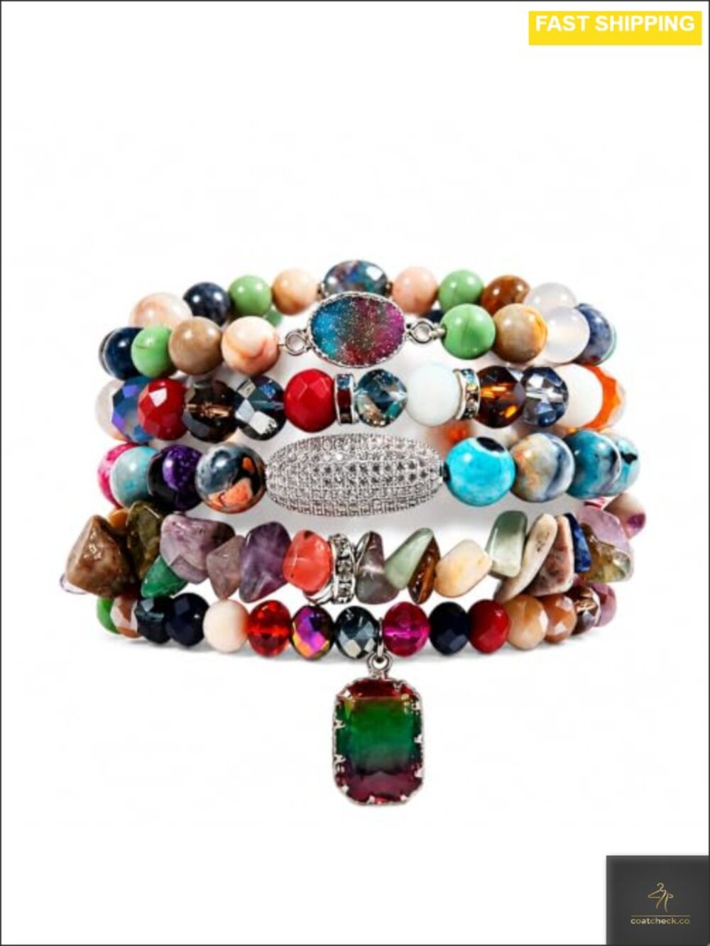 5Pc Boho Stackable Beaded Bracelets Natural Crystal Agate Pendant Stretch
